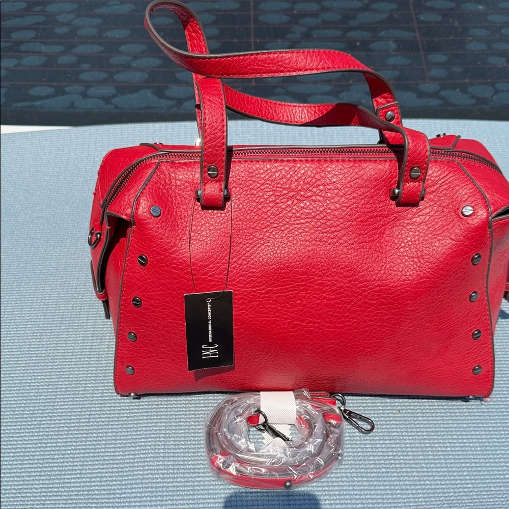INC International Concepts Red Pebbled Leather Satchel with Stud Accents